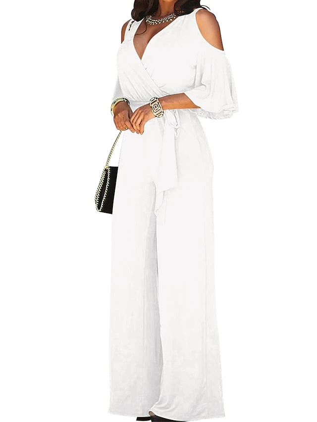 Women's Jumpsuit High Waist Cut Out Solid Color V Neck Streetwear Christmas Daily Xmas Regular Fit 3/4 Length Sleeve Black White Yellow S M L Fall 2 Women's Jumpsuit High Waist Cut Out Solid Color V Neck Streetwear Christmas Daily Xmas Regular Fit 3/4 Length Sleeve Black White Yellow S M L Fall - Image 2