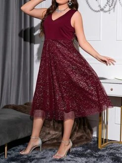 Women's Plus Size Curve Party Dress Wedding Guest Dress Black Dress Midi Dress Black Red Dark Blue Sleeveless Polka Dot Mesh Summer Spring Fall V Neck Fashion Birthday Wedding Guest Vacation XL XXL -Cheap Plus Fit Dress Store ccsskw1691746181549