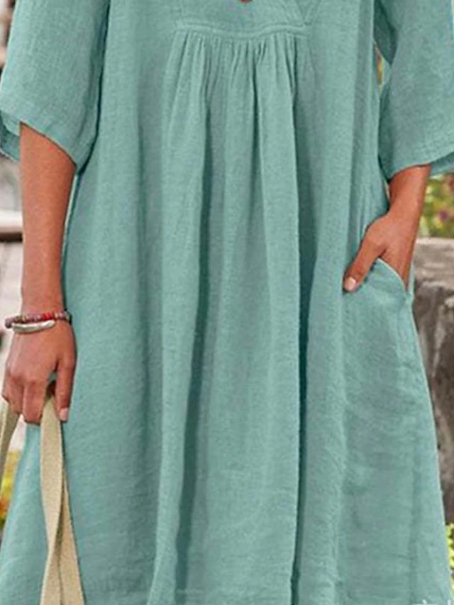 Women's Casual Dress Cotton Linen Dress Swing Dress Midi Dress Cotton Blend Casual Mature Daily Holiday Vacation V Neck Ruched Pocket 3/4 Length Sleeve Summer Spring 2023 Loose Fit Green Pure Color S 4 Women's Casual Dress Cotton Linen Dress Swing Dress Midi Dress Cotton Blend Casual Mature Daily Holiday Vacation V Neck Ruched Pocket 3/4 Length Sleeve Summer Spring 2023 Loose Fit Green Pure Color S - Image 4