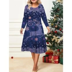 Women's Christmas Plus Size Curve Casual Dress Skater Dress A Line Dress Elk Snowflake Midi Dress Long Sleeve Print Crew Neck Fashion Outdoor Wine Purple Fall Winter L XL XXL 3XL 4XL -Cheap Plus Fit Dress Store cdihty1695640885012
