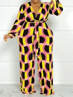 Women's Jumpsuit High Waist Print Geometric V Neck Casual Street Daily Regular Fit Long Sleeve Black Yellow Wine XL XXL 3XL Spring -Cheap Plus Fit Dress Store cdmxjb1675747237183