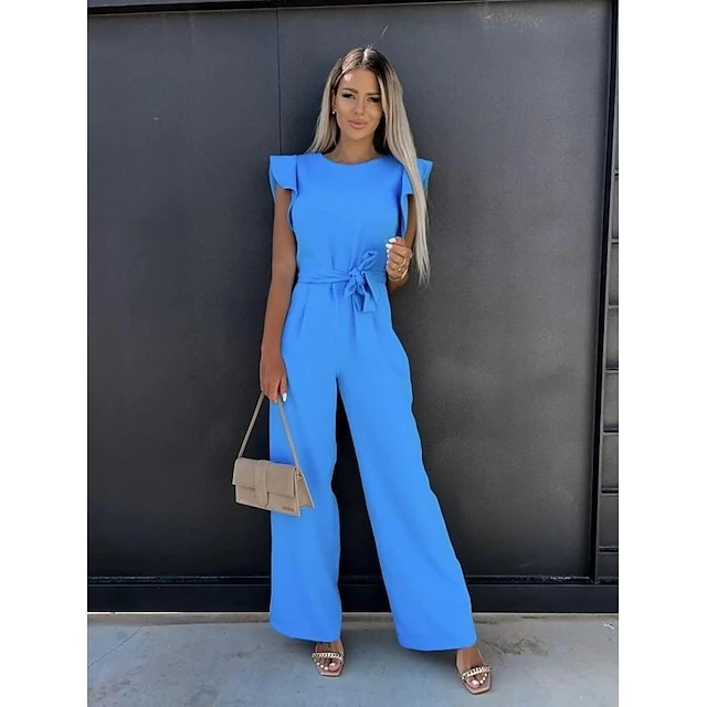 Women's Jumpsuit Ruffle Solid Color Crew Neck Elegant Vacation Going Out Wide Leg Regular Fit Sleeveless Blue Pink Khaki S M L Spring 2 Women's Jumpsuit Ruffle Solid Color Crew Neck Elegant Vacation Going Out Wide Leg Regular Fit Sleeveless Blue Pink Khaki S M L Spring - Image 2