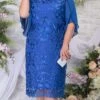 Women‘s Plus Size Curve Party Dress Lace Dress Cocktail Dress Midi Dress Blue 3/4 Length Sleeve Leaf Lace Summer Spring Fall Crew Neck Fashion Birthday Wedding Guest Vacation 2023