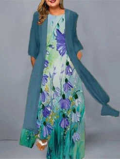 Women‘s Plus Size Curve Casual Dress Dress Set Two Piece Dress Floral Long Dress Maxi Dress 3/4 Length Sleeve Print Crew Neck Fashion Daily Purple Green Spring Summer L XL XXL 3XL 4XL