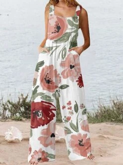 Women's Jumpsuit Pocket Floral U Neck Streetwear Daily Vacation Regular Fit Strap Pink Red Khaki S M L Summer