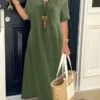 Women's Casual Dress Cotton Linen Dress A Line Dress Maxi Long Dress Cotton Blend Daily Classic Outdoor Daily Vacation V Neck Pocket Baggy Short Sleeve Summer Spring 2023 Loose Fit Red Blue Green