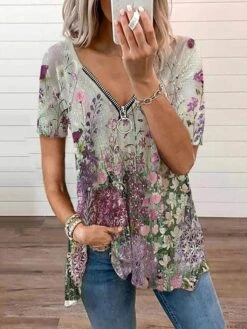 Women's T Shirt Tee Blue Purple Orange Floral Quarter Zip Print Short Sleeve Casual Holiday Basic V Neck Regular Fit Floral Sleeveless -Cheap Plus Fit Dress Store cgbycf1681281529855