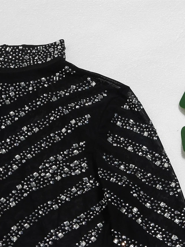 Women's Romper Mesh Beaded Solid Color Stand Collar Active Street Going Out Regular Fit Long Sleeve Black S M L Fall 12 Women's Romper Mesh Beaded Solid Color Stand Collar Active Street Going Out Regular Fit Long Sleeve Black S M L Fall - Image 12
