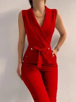 Black Jumpsuit For Women Dressy Pocket High Waist Solid Color V Neck Elegant Party Office Regular Fit Sleeveless Green Blue Red S M L Fall Spring -Cheap Plus Fit Dress Store cggunv1650433071796