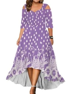 Women‘s Plus Size Curve Party Dress Wedding Guest Dress Swing Dress Long Dress Maxi Dress Blue Light Purple Purple 3/4 Length Sleeve Floral Cold Shoulder Summer Spring Fall V Neck Fashion Birthday -Cheap Plus Fit Dress Store cgkhrk1690428399375
