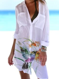 Women's Shirt Dress Cover Up Beach Wear Mini Dress Pocket Print Fashion Casual Floral Turndown 3/4 Length Sleeve Loose Fit Outdoor Daily White Yellow 2023 Summer Spring S M L XL -Cheap Plus Fit Dress Store cgrzsq1676972515300