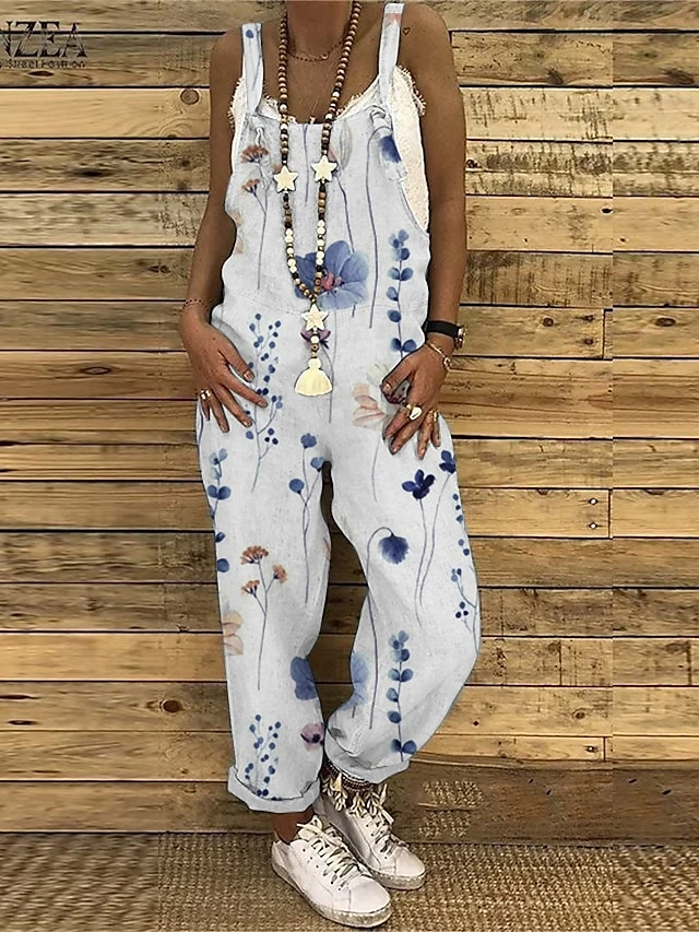 Women's Overall Floral Crew Neck Streetwear Home Dailywear Bootcut Loose Fit Spaghetti Strap Tank White Red Blue S M L Summer 2 Women's Overall Floral Crew Neck Streetwear Home Dailywear Bootcut Loose Fit Spaghetti Strap Tank White Red Blue S M L Summer - Image 2