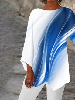 Women's Shirt Blouse Blue Graphic Abstract Asymmetric Print Long Sleeve Casual Holiday Basic Round Neck Regular Fit Spring Fall