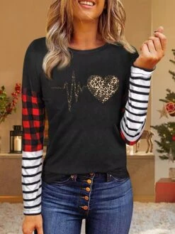 Women's Shirt Christmas Shirt Leopard Yellow Pink Color Block Print Deer Print Long Sleeve Christmas Casual Daily Casual Round Neck Regular Fit -Cheap Plus Fit Dress Store chpzqb1669622364817