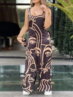 Women's Jumpsuit Print Abstract Crew Neck Streetwear Daily Vacation Wide Leg Loose Fit Sleeveless Black White Camel S M L Summer -Cheap Plus Fit Dress Store chqtkt1677496028823