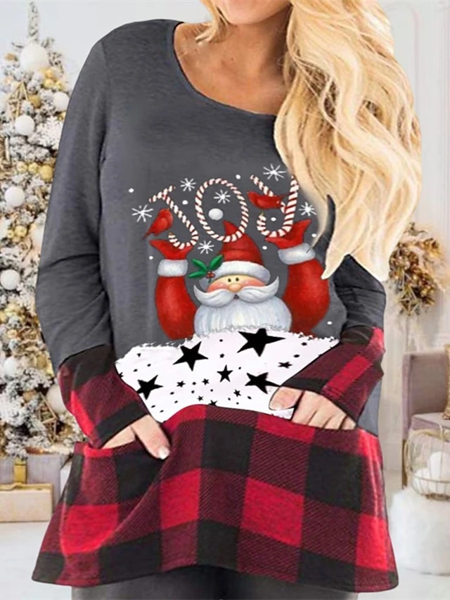 Women's Plus Size Christmas T Shirt Dress Tee Dress Plaid Crew Neck Print Long Sleeve Spring Fall Casual Mini Dress Daily Dress 2 Women's Plus Size Christmas T Shirt Dress Tee Dress Plaid Crew Neck Print Long Sleeve Spring Fall Casual Mini Dress Daily Dress - Image 2