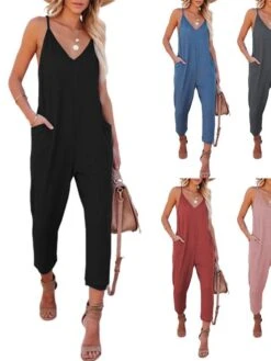 One Piece Jumpsuits For Women Solid Color Patch Pocket V Neck Casual Daily Vacation Regular Fit Sleeveless Black Pink Red S M L Spring -Cheap Plus Fit Dress Store cifdtv1673423260193