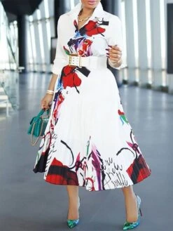 Women's Shirt Dress Casual Dress Midi Dress Outdoor Daily Polyester Basic Classic Shirt Collar Button Print Long Sleeve Spring Fall Winter 2023 Loose Fit White Painting Abstract S M L XL 2XL