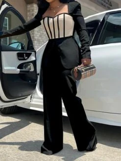 Women's Jumpsuit High Waist Color Block Square Neck Active Daily Vacation Wide Leg Slim Long Sleeve Black White Wine S M L Fall
