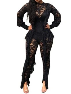 Women's Jumpsuit Lace Ruffle Solid Color Round Neck Elegant Wedding Party Regular Fit Long Sleeve Black S M L Fall