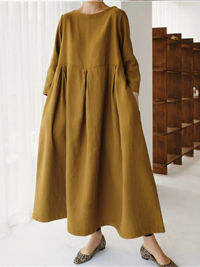 Women's Cotton Linen Dress Casual Dress Swing Dress Maxi Long Dress Cotton Blend Basic Classic Outdoor Daily Crew Neck Pocket Smocked Long Sleeve Summer Spring Fall 2023 Loose Fit Black Yellow Green 12 Women's Cotton Linen Dress Casual Dress Swing Dress Maxi Long Dress Cotton Blend Basic Classic Outdoor Daily Crew Neck Pocket Smocked Long Sleeve Summer Spring Fall 2023 Loose Fit Black Yellow Green - Image 12