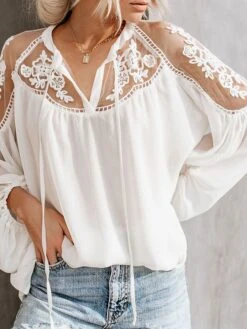 Women's Shirt Blouse Cotton Black White Plain Lace Up Lace Long Sleeve Casual Fashion Daily Basic V Neck Loose Fit Fall & Winter