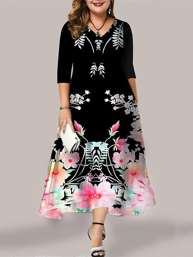 Women's Plus Size Curve Casual Dress Swing Dress Floral Long Dress Maxi Dress 3/4 Length Sleeve Pocket Print V Neck Fashion Outdoor Black Yellow Fall Winter L XL XXL 3XL 4XL 2 Women's Plus Size Curve Casual Dress Swing Dress Floral Long Dress Maxi Dress 3/4 Length Sleeve Pocket Print V Neck Fashion Outdoor Black Yellow Fall Winter L XL XXL 3XL 4XL - Image 2