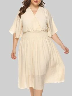 Women‘s Plus Size Curve Party Dress Wedding Guest Dress Swing Dress Midi Dress Black Beige Half Sleeve Pure Color Pleated Summer Spring Fall V Neck Party Birthday Wedding Guest Vacation 2023 -Cheap Plus Fit Dress Store cjiwoh1691399370487