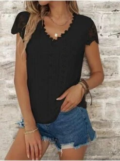 Women's Shirt Blouse Pale Pinkish Gray Black White Plain Lace Button Short Sleeve Casual Basic V Neck Regular Fit -Cheap Plus Fit Dress Store cjvici1681904305999