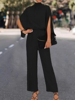 Women's Jumpsuit High Waist Solid Color Stand Collar Streetwear Work Street Xmas Regular Fit 3/4 Length Sleeve Black Green S M L Fall -Cheap Plus Fit Dress Store cjwfhu1695025398449