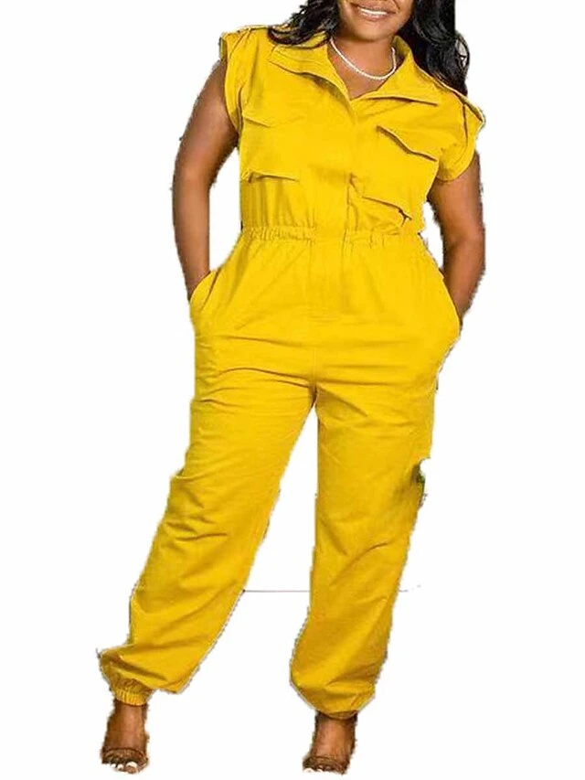 Women's Jumpsuit Button Pocket Solid Color Shirt Collar Streetwear Daily Going Out Regular Fit Short Sleeve Yellow XL XXL 3XL Summer 3 Women's Jumpsuit Button Pocket Solid Color Shirt Collar Streetwear Daily Going Out Regular Fit Short Sleeve Yellow XL XXL 3XL Summer - Image 3