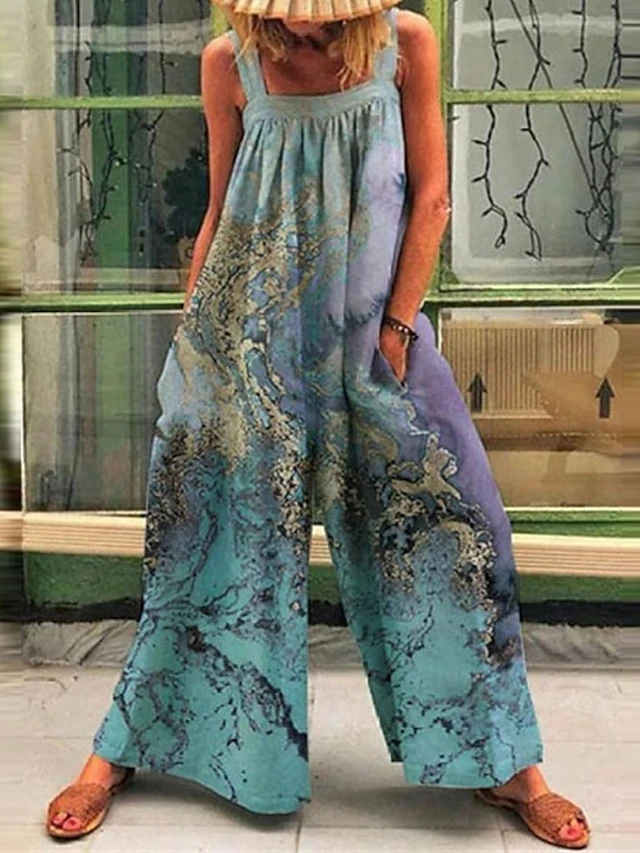 Women's Jumpsuits Casual Summer Overall Pocket Print Floral Square Neck Casual Street Daily Wide Leg Regular Fit Sleeveless Green Blue Pink S M L Spring 4 Women's Jumpsuits Casual Summer Overall Pocket Print Floral Square Neck Casual Street Daily Wide Leg Regular Fit Sleeveless Green Blue Pink S M L Spring - Image 4