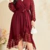 Women's Plus Size Prom Dress Party Dress Wedding Guest Dress Long Dress Maxi Dress Wine Long Sleeve Pure Color Lace Up Fall Winter Autumn V Neck Fashion Winter Dress Wedding Guest Evening Party Loose