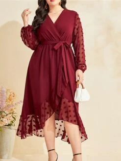 Women's Plus Size Prom Dress Party Dress Wedding Guest Dress Long Dress Maxi Dress Wine Long Sleeve Pure Color Lace Up Fall Winter Autumn V Neck Fashion Winter Dress Wedding Guest Evening Party Loose