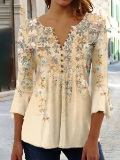 Women's Shirt Blouse Yellow Blue Purple Floral Button Print 3/4 Length Sleeve Holiday Basic Round Neck Regular Fit Floral