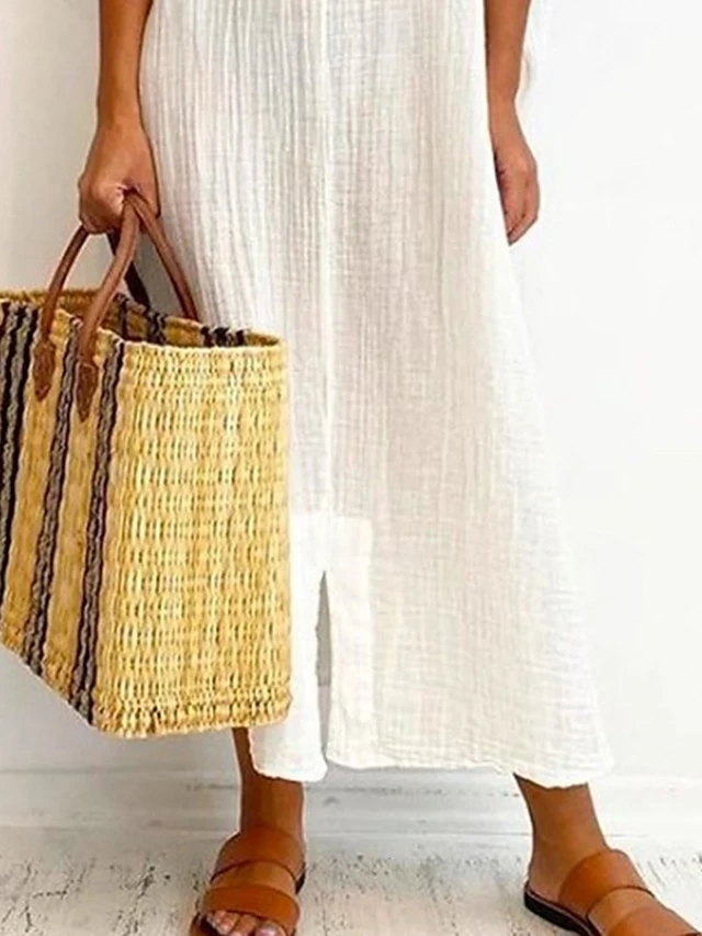 Women's Casual Dress Cotton Linen Dress Shift Dress Maxi Long Dress Cotton Blend Daily Classic Outdoor Daily Vacation Split Neck Split Basic Half Sleeve Summer Spring Fall 2023 Loose Fit White Plain 3 Women's Casual Dress Cotton Linen Dress Shift Dress Maxi Long Dress Cotton Blend Daily Classic Outdoor Daily Vacation Split Neck Split Basic Half Sleeve Summer Spring Fall 2023 Loose Fit White Plain - Image 3