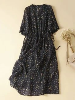 Women's Casual Dress Cotton Linen Dress A Line Dress Midi Dress Linen / Cotton Blend Basic Classic Outdoor Daily Vacation Split Neck Button Pocket 3/4 Length Sleeve Spring Fall Autumn 2023 Loose Fit -Cheap Plus Fit Dress Store cldqqu1693967791441