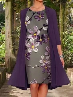 Women's Two Piece Dress Set Shift Dress Chiffon Dress Daily Going Out Casual Print Midi Dress Crew Neck 3/4 Length Sleeve Floral Regular Fit Navy Blue Light Purple Purple Summer Spring M L XL XXL XXXL -Cheap Plus Fit Dress Store clqlan1672827939084
