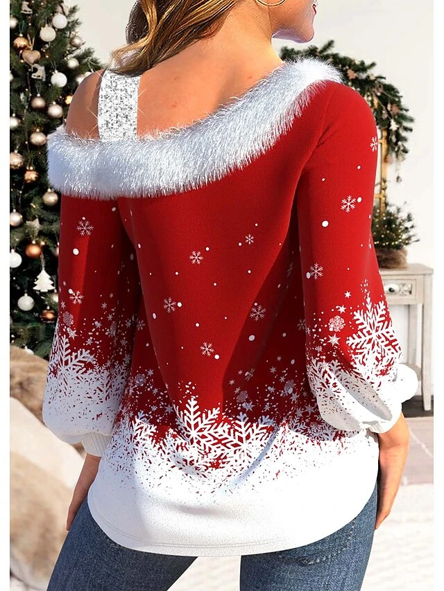 Women's Blouse Christmas Shirt Red Snowflake Print Long Sleeve Party Christmas Casual Festival / Holiday Fur Collar Regular Fit Lantern Sleeve Spring &Fall 2 Women's Blouse Christmas Shirt Red Snowflake Print Long Sleeve Party Christmas Casual Festival / Holiday Fur Collar Regular Fit Lantern Sleeve Spring &Fall - Image 2