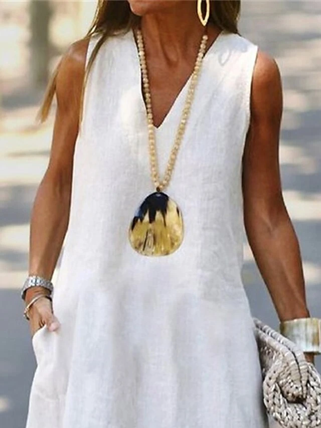 Women's Cotton Linen Dress Casual Dress Maxi Long Dress Cotton Blend Modern Casual Outdoor Daily Vacation V Neck Pocket Sleeveless Summer Spring 2023 Regular Fit White Plain S M L XL 2XL 2 Women's Cotton Linen Dress Casual Dress Maxi Long Dress Cotton Blend Modern Casual Outdoor Daily Vacation V Neck Pocket Sleeveless Summer Spring 2023 Regular Fit White Plain S M L XL 2XL - Image 2