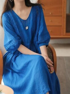 Women's Casual Dress Cotton Linen Dress Swing Dress Midi Dress Cotton Blend Basic Casual Outdoor Daily V Neck Ruched 3/4 Length Sleeve Summer Spring 2023 Loose Fit Black White Yellow Pure Color M L -Cheap Plus Fit Dress Store cmccls1677135419475