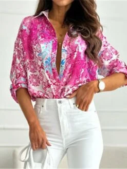 Women's Shirt Blouse Pink Red Blue Graphic Print Print Long Sleeve Work Casual Daily Elegant Neon & Bright Shirt Collar Form Fit Spring Fall -Cheap Plus Fit Dress Store cmykdc1677666264868