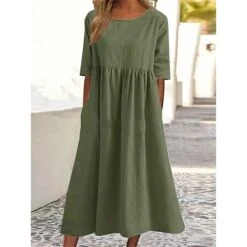 Women's Casual Dress Cotton Dress Swing Dress Midi Dress Cotton Basic Casual Outdoor Daily Crew Neck Pocket Smocked Half Sleeve Summer Spring Fall 2023 Loose Fit Light Blue Black White Pure Color S M -Cheap Plus Fit Dress Store cnmfic1679469856643