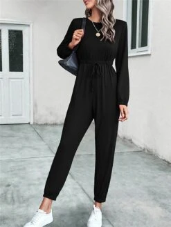 Women's Jumpsuit Drawstring Solid Color Crew Neck Streetwear Street Daily Regular Fit 3/4 Length Sleeve Black Red S M L Fall -Cheap Plus Fit Dress Store cnxmdc1690941132578