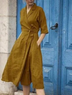 Women's Casual Dress Cotton Linen Dress Swing Dress Maxi Long Dress Cotton Blend Stylish Elegant Daily Holiday Vacation Shirt Collar Lace Up Pocket Half Sleeve Summer Spring 2022 Regular Fit Yellow -Cheap Plus Fit Dress Store codjei1656585887129