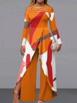 Women's Jumpsuit Print Geometric Off Shoulder Elegant Wedding Party Wide Leg Regular Fit Long Sleeve Pink Purple Orange S M L All Seasons