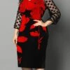 Women‘s Plus Size Curve Party Dress Cocktail Dress Sheath Dress Midi Dress Black Red Fuchsia 3/4 Length Sleeve Floral Mesh Summer Spring Fall Crew Neck Fashion Wedding Guest Vacation Fall Dress