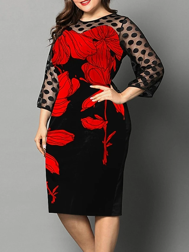 Women‘s Plus Size Curve Party Dress Cocktail Dress Sheath Dress Midi Dress Black Red Fuchsia 3/4 Length Sleeve Floral Mesh Summer Spring Fall Crew Neck Fashion Wedding Guest Vacation Fall Dress 1 Women‘s Plus Size Curve Party Dress Cocktail Dress Sheath Dress Midi Dress Black Red Fuchsia 3/4 Length Sleeve Floral Mesh Summer Spring Fall Crew Neck Fashion Wedding Guest Vacation Fall Dress