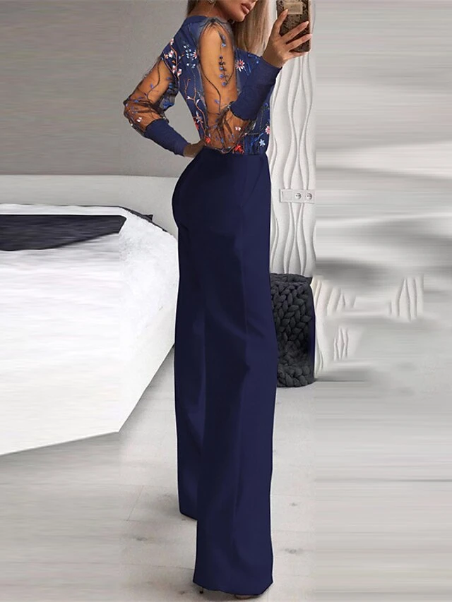 Jumpsuits For Women Summer Dressy Mesh Embroidered Floral Stand Collar Elegant Party Street Regular Fit Long Sleeve Blue S M L Spring Fall 5 Jumpsuits For Women Summer Dressy Mesh Embroidered Floral Stand Collar Elegant Party Street Regular Fit Long Sleeve Blue S M L Spring Fall - Image 5