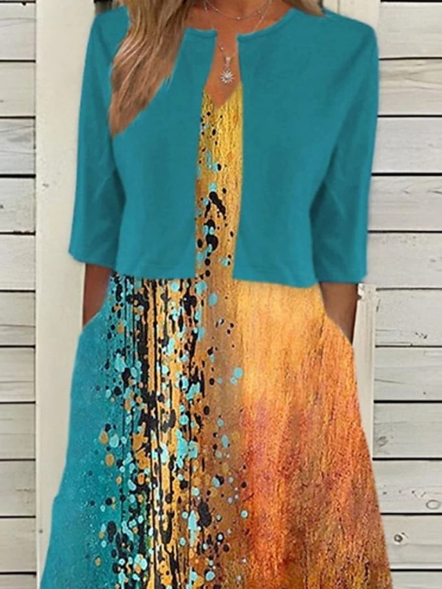 Women's Two Piece Dress Set Casual Dress Dress Set Daily Holiday Fashion Modern Print Midi Dress V Neck Half Sleeve Painting Regular Fit Green Summer Spring S M L XL XXL 2 Women's Two Piece Dress Set Casual Dress Dress Set Daily Holiday Fashion Modern Print Midi Dress V Neck Half Sleeve Painting Regular Fit Green Summer Spring S M L XL XXL - Image 2